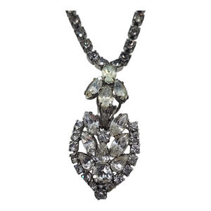 Vintage Rhinestone Drop Pendant Necklace Silver Tone Crystal Statement Sparkle